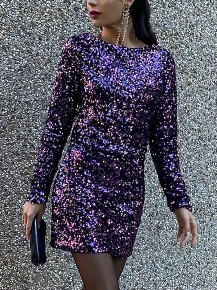 Hnewly Backless Mini Dress Women Purple Sequin Short Dresses Ladies Evening Fashion Long Sleeve