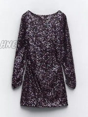 Hnewly Backless Mini Dress Women Purple Sequin Short Dresses Ladies Evening Fashion Long Sleeve