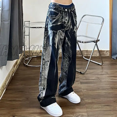 Hnewly Baggy Black Jeans Women Tie Dye Washed Straight Wide Leg Pants High Waist Goth Vintage