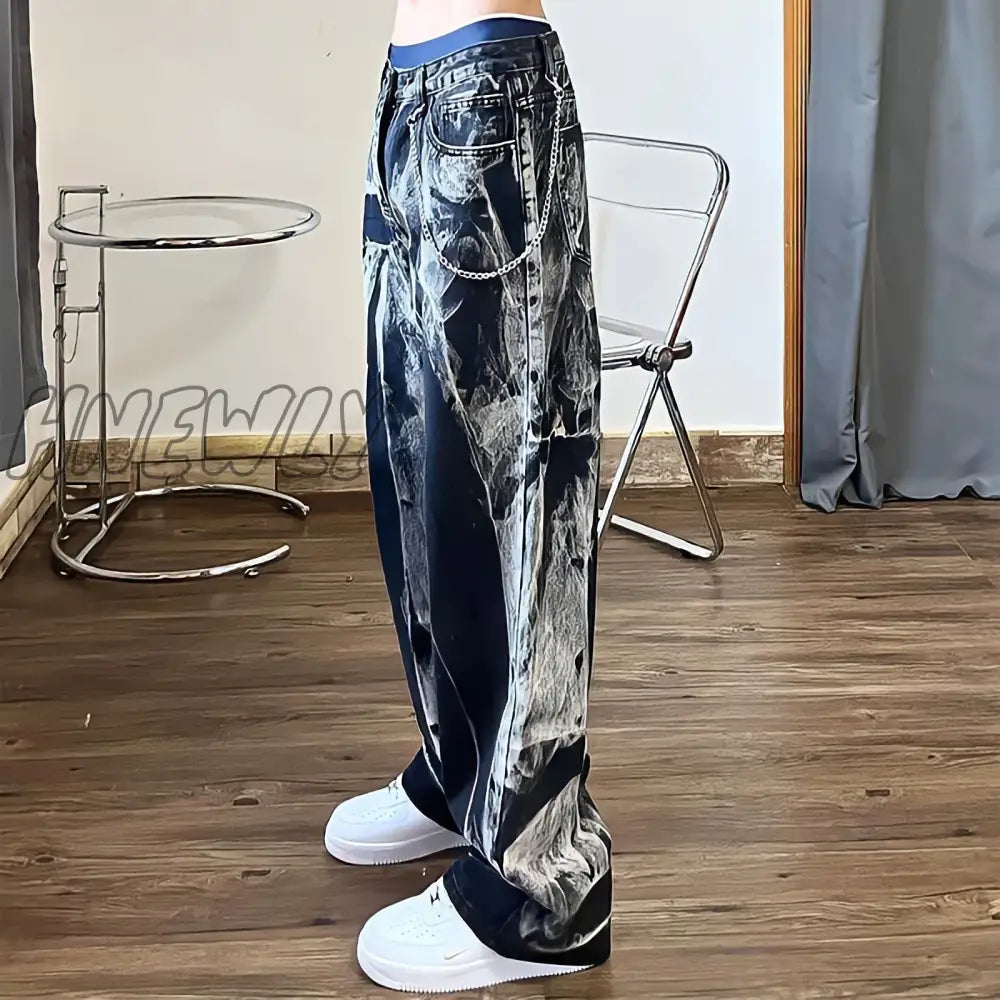 Hnewly Baggy Black Jeans Women Tie Dye Washed Straight Wide Leg Pants High Waist Goth Vintage