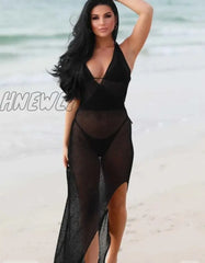 Hnewly Beach Fishing Net Transparent Solid Dress Sarong Wrap Sexy Bikini Cover-Ups Long Tunic