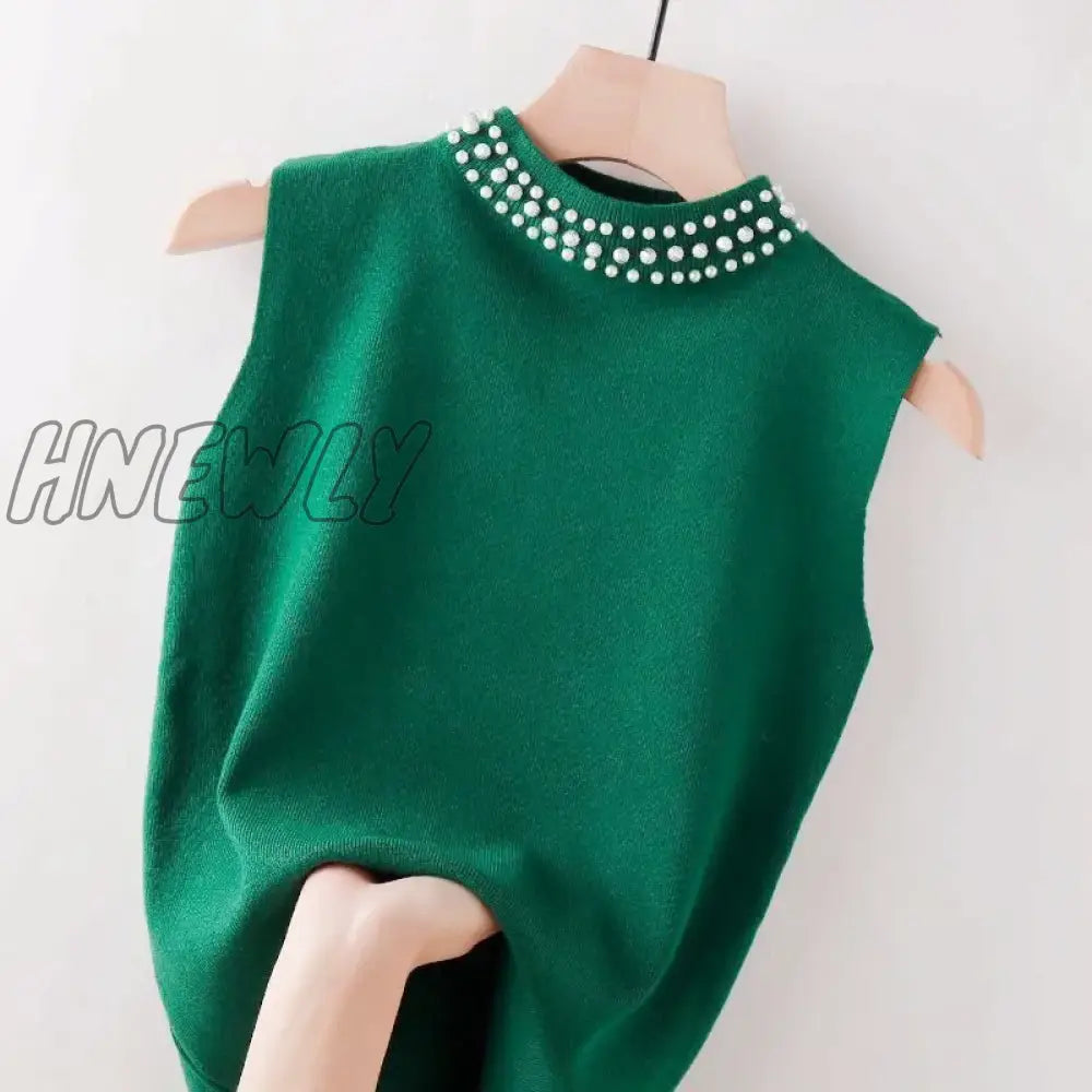 Hnewly Beaded Half High Collar Women Vest Spring Autumn New Bottomed Shirt Knit Slim Top Fashion