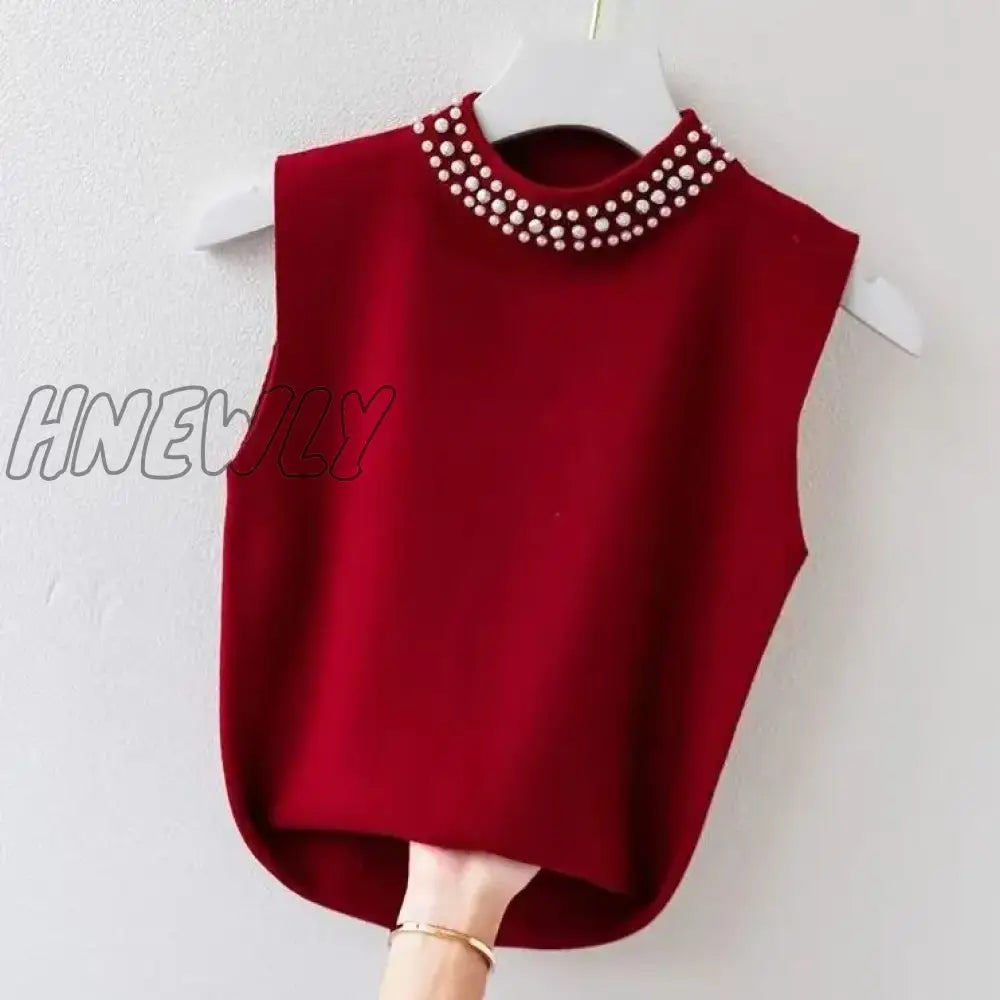 Hnewly Beaded Half High Collar Women Vest Spring Autumn New Bottomed Shirt Knit Slim Top Fashion