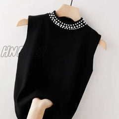 Hnewly Beaded Half High Collar Women Vest Spring Autumn New Bottomed Shirt Knit Slim Top Fashion