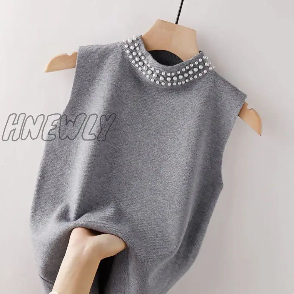 Hnewly Beaded Half High Collar Women Vest Spring Autumn New Bottomed Shirt Knit Slim Top Fashion