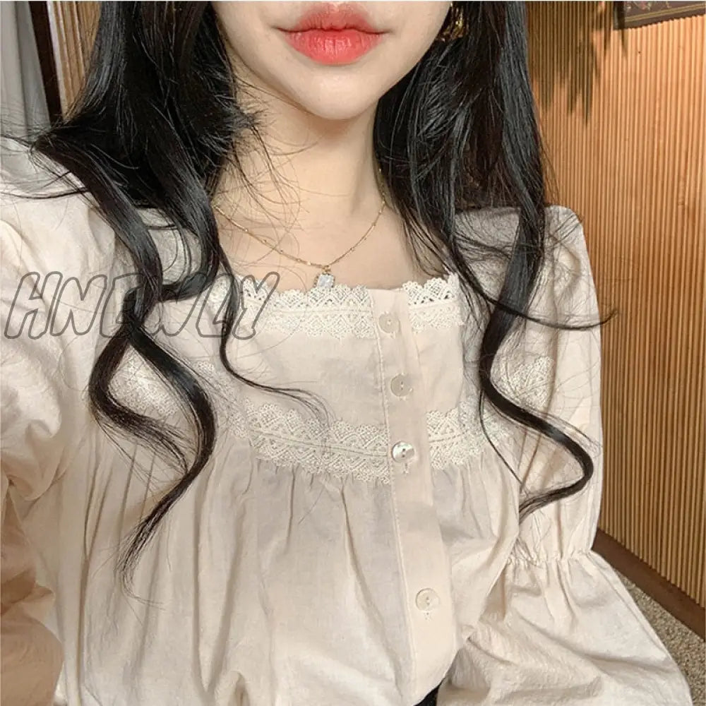 Hnewly Beige Lace Blouse Vintage Square Collar Women Long Puff Sleeve Shirt Solid Cardigan Sweet