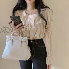 Hnewly Beige Lace Blouse Vintage Square Collar Women Long Puff Sleeve Shirt Solid Cardigan Sweet