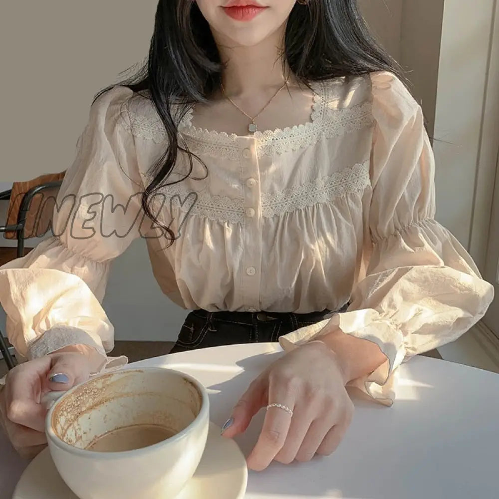 Hnewly Beige Lace Blouse Vintage Square Collar Women Long Puff Sleeve Shirt Solid Cardigan Sweet