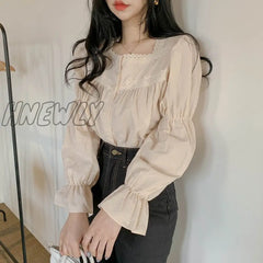 Hnewly Beige Lace Blouse Vintage Square Collar Women Long Puff Sleeve Shirt Solid Cardigan Sweet