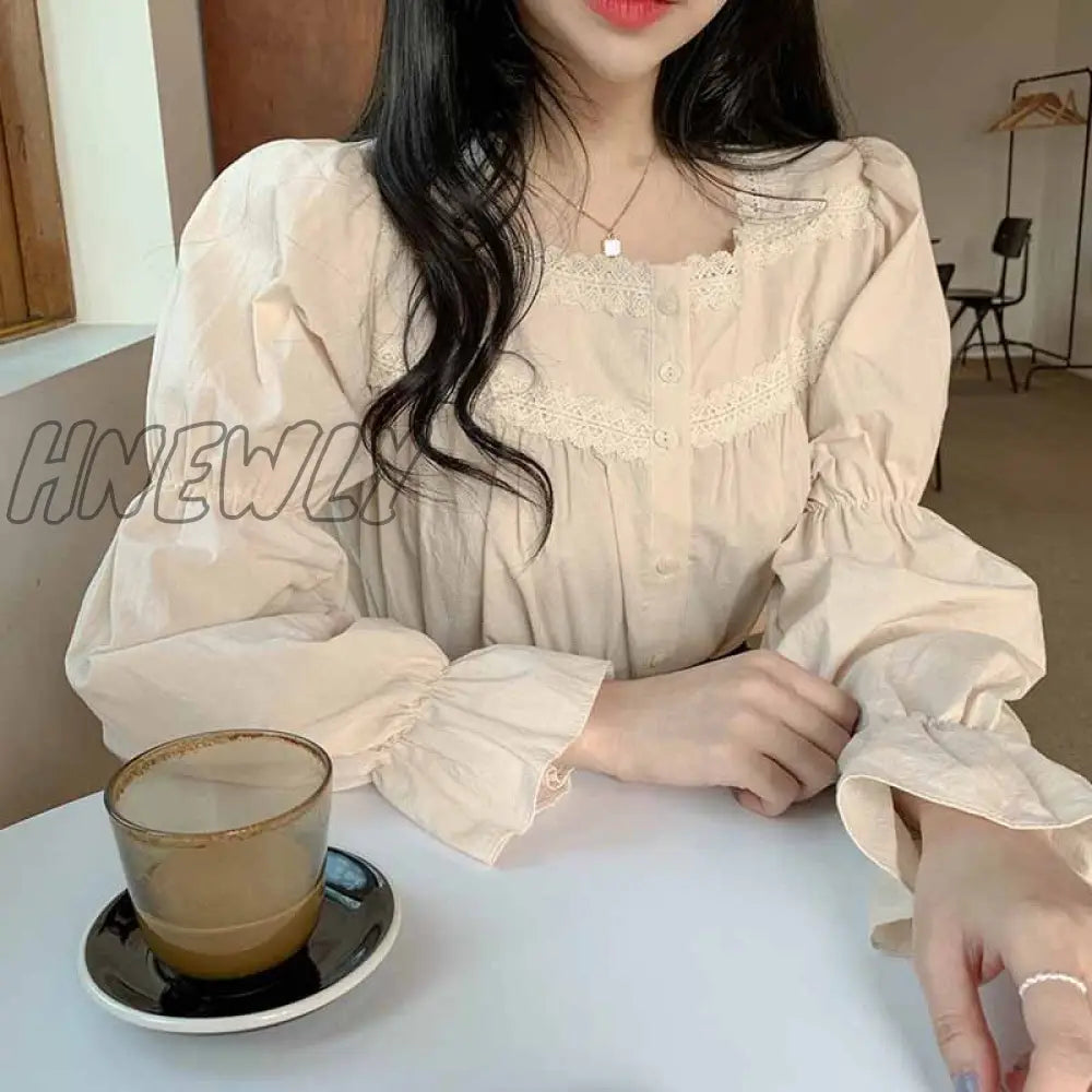 Hnewly Beige Lace Blouse Vintage Square Collar Women Long Puff Sleeve Shirt Solid Cardigan Sweet