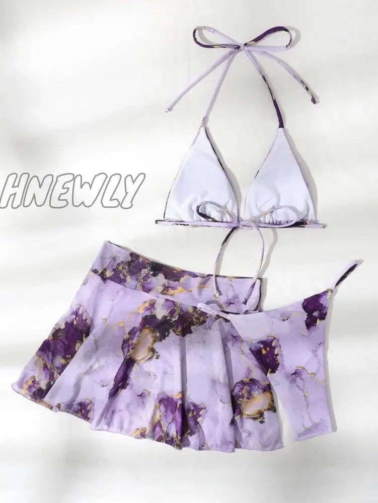 Hnewly Bikini Purple Print Swimwear Women Skirts 3 Pieces Set Halter String Swimsuit Sexy Bathing