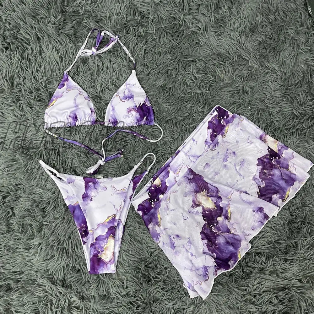 Hnewly Bikini Purple Print Swimwear Women Skirts 3 Pieces Set Halter String Swimsuit Sexy Bathing