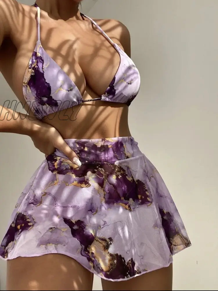 Hnewly Bikini Purple Print Swimwear Women Skirts 3 Pieces Set Halter String Swimsuit Sexy Bathing