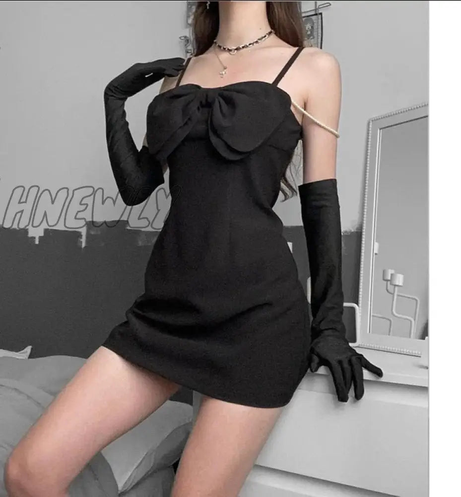 Hnewly Black Bow Sling Dresses With Gloves Women Elegant Evening Party Dress Goth Bodycon Backless