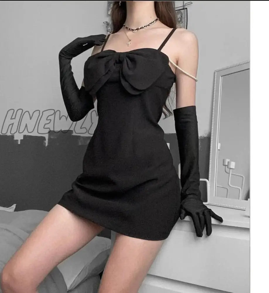 Hnewly Black Bow Sling Dresses With Gloves Women Elegant Evening Party Dress Goth Bodycon Backless