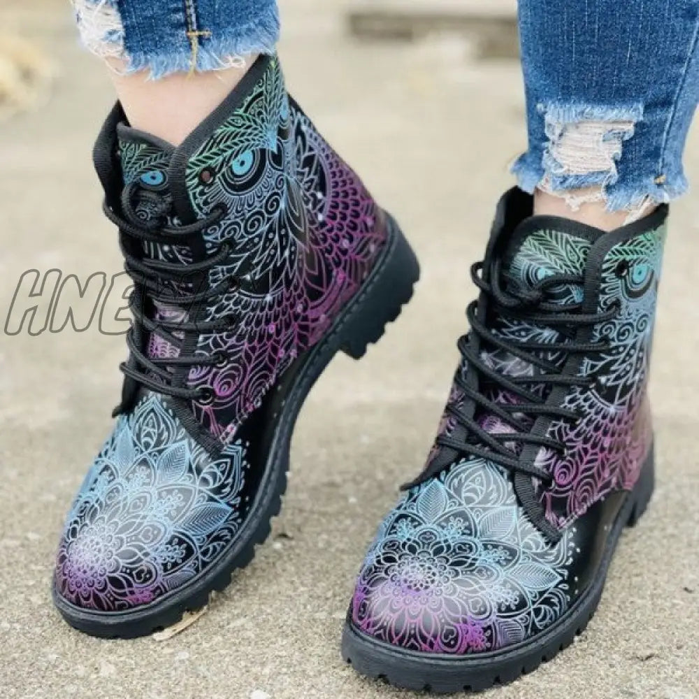 Hnewly - Black Casual Patchwork Frenulum Printing Round Comfortable Out Door Shoes Shoes Boots