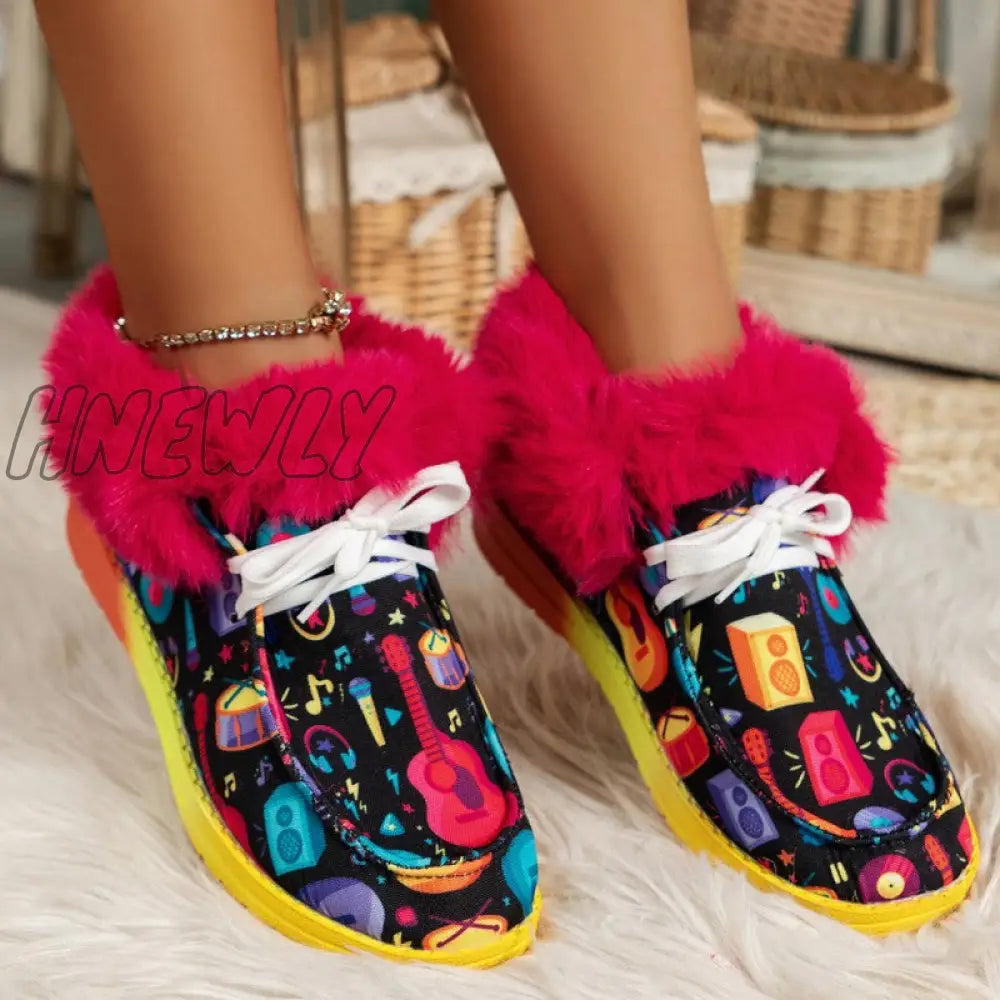 Hnewly - Black Casual Patchwork Frenulum Printing Round Keep Warm Comfortable Out Door Shoes Red /