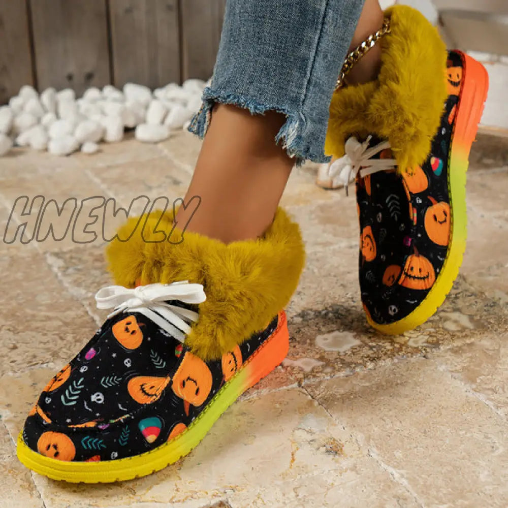 Hnewly - Black Casual Patchwork Frenulum Printing Round Keep Warm Comfortable Out Door Shoes Shoes