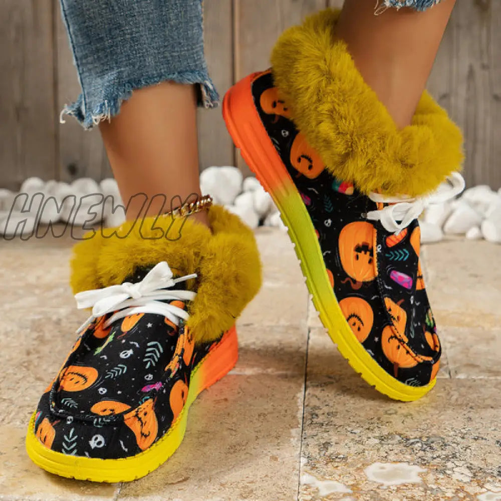 Hnewly - Black Casual Patchwork Frenulum Printing Round Keep Warm Comfortable Out Door Shoes Shoes