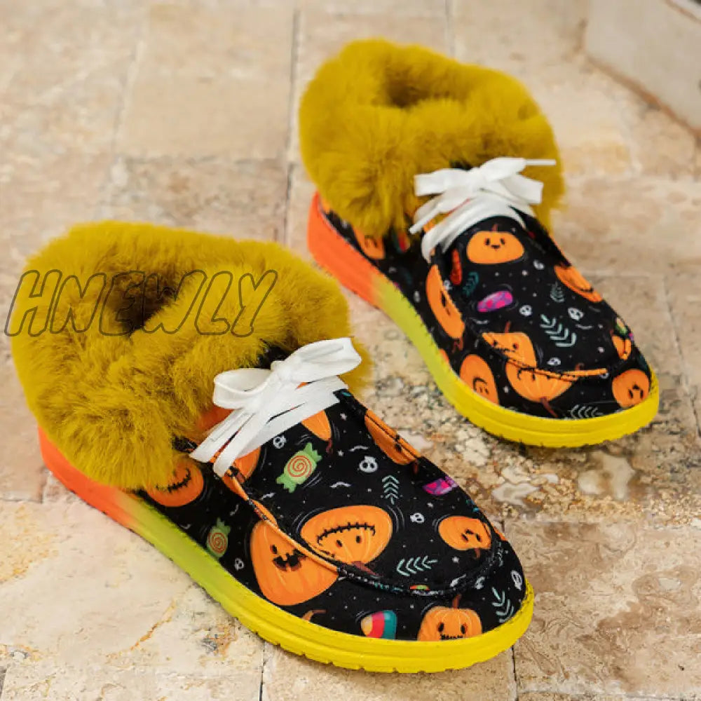 Hnewly - Black Casual Patchwork Frenulum Printing Round Keep Warm Comfortable Out Door Shoes Shoes