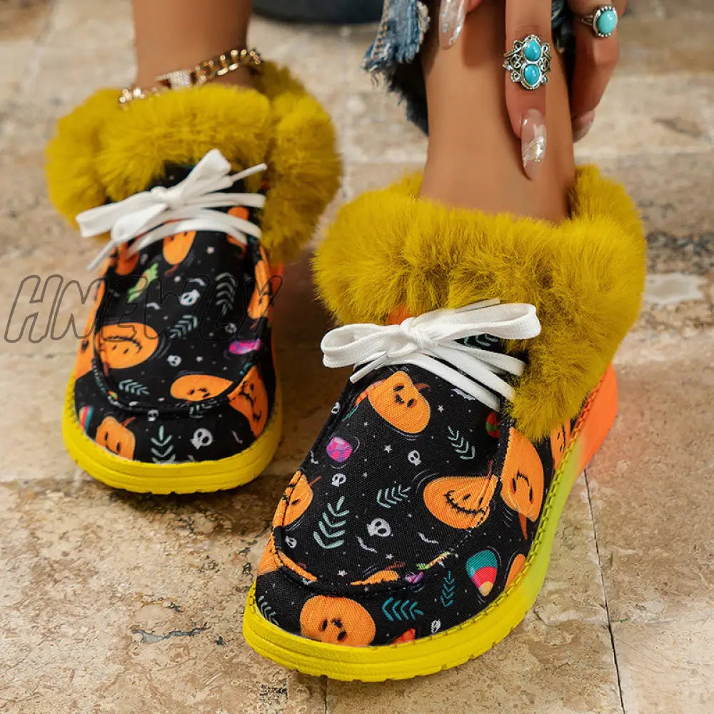 Hnewly - Black Casual Patchwork Frenulum Printing Round Keep Warm Comfortable Out Door Shoes /