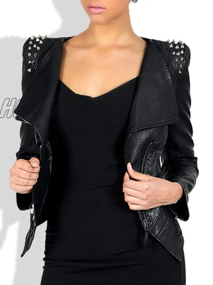 Hnewly - Black Casual Punk Solid Patchwork Turndown Collar Outerwear Coats Blazer & Jacket