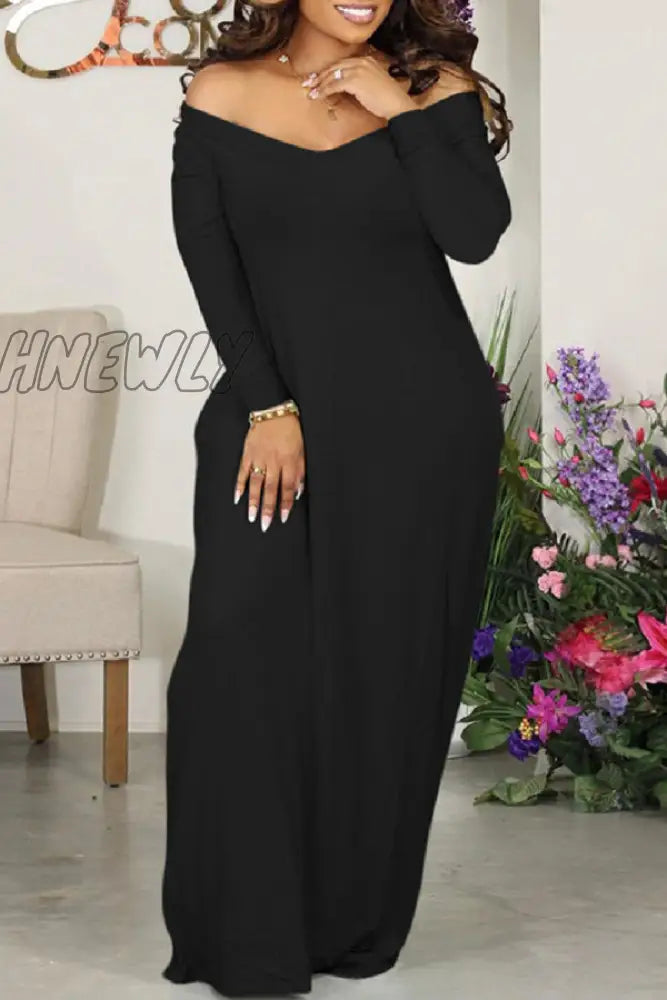 Hnewly - Black Casual Solid Basic V Neck Long Sleeve Dresses Dresses Maxi