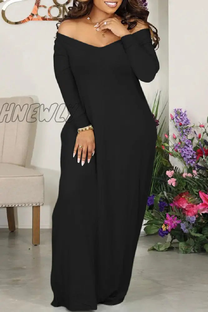 Hnewly - Black Casual Solid Basic V Neck Long Sleeve Dresses / S Dresses Maxi