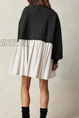 Hnewly - Black Casual Solid Patchwork Contrast O Neck Pleated Dresses Dresses