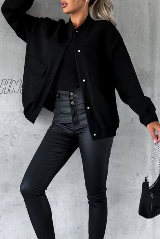 Hnewly - Black Casual Solid Pocket O Neck Outerwear Coats