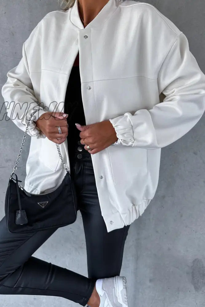 Hnewly - Black Casual Solid Pocket O Neck Outerwear White / S Coats