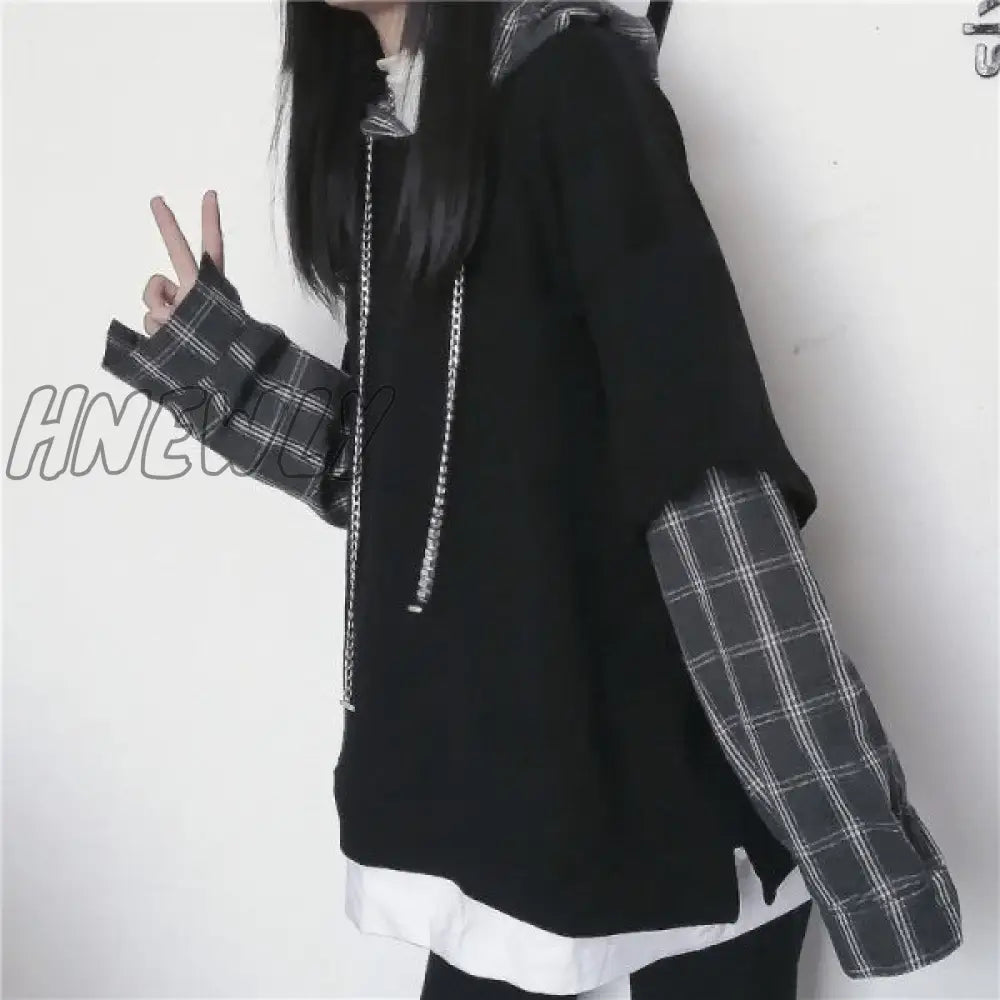 Hnewly Black Hip Hop Hoodie Women Harajuku Plaid Sweatshirts Japan Kawaii Femme Casual Pullover