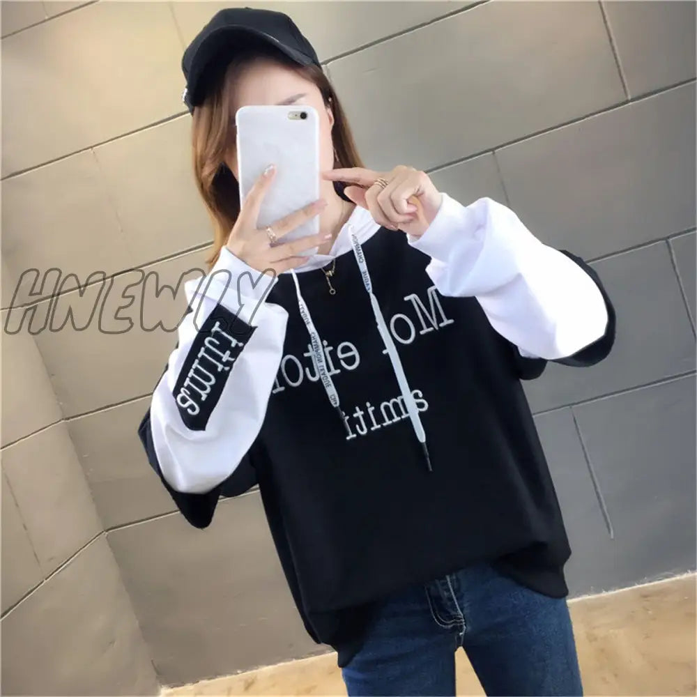 Hnewly Black Hip Hop Hoodie Women Harajuku Plaid Sweatshirts Japan Kawaii Femme Casual Pullover