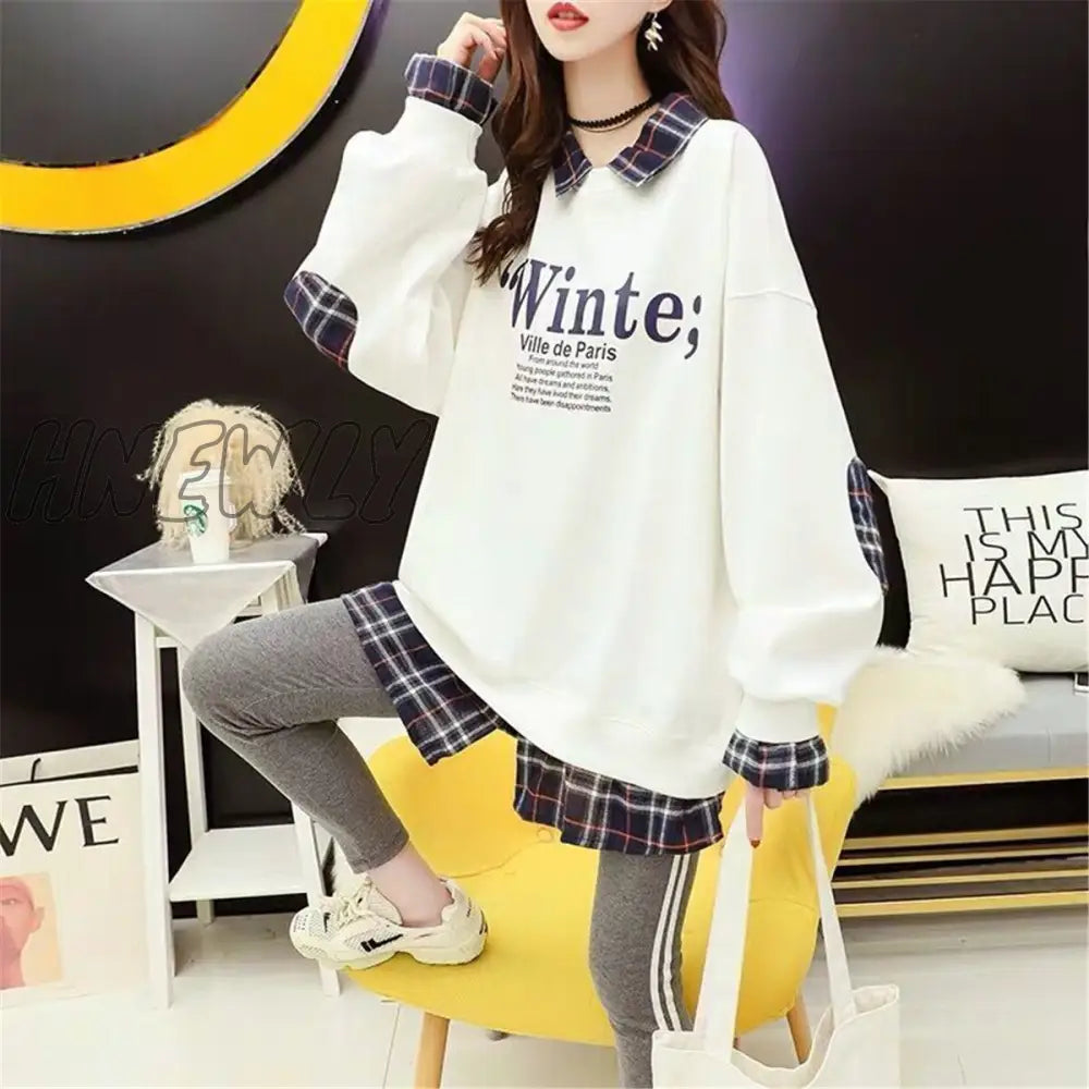 Hnewly Black Hip Hop Hoodie Women Harajuku Plaid Sweatshirts Japan Kawaii Femme Casual Pullover