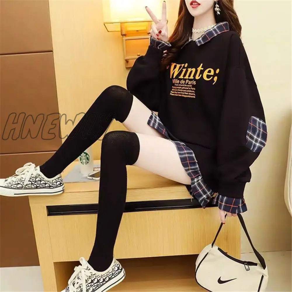 Hnewly Black Hip Hop Hoodie Women Harajuku Plaid Sweatshirts Japan Kawaii Femme Casual Pullover