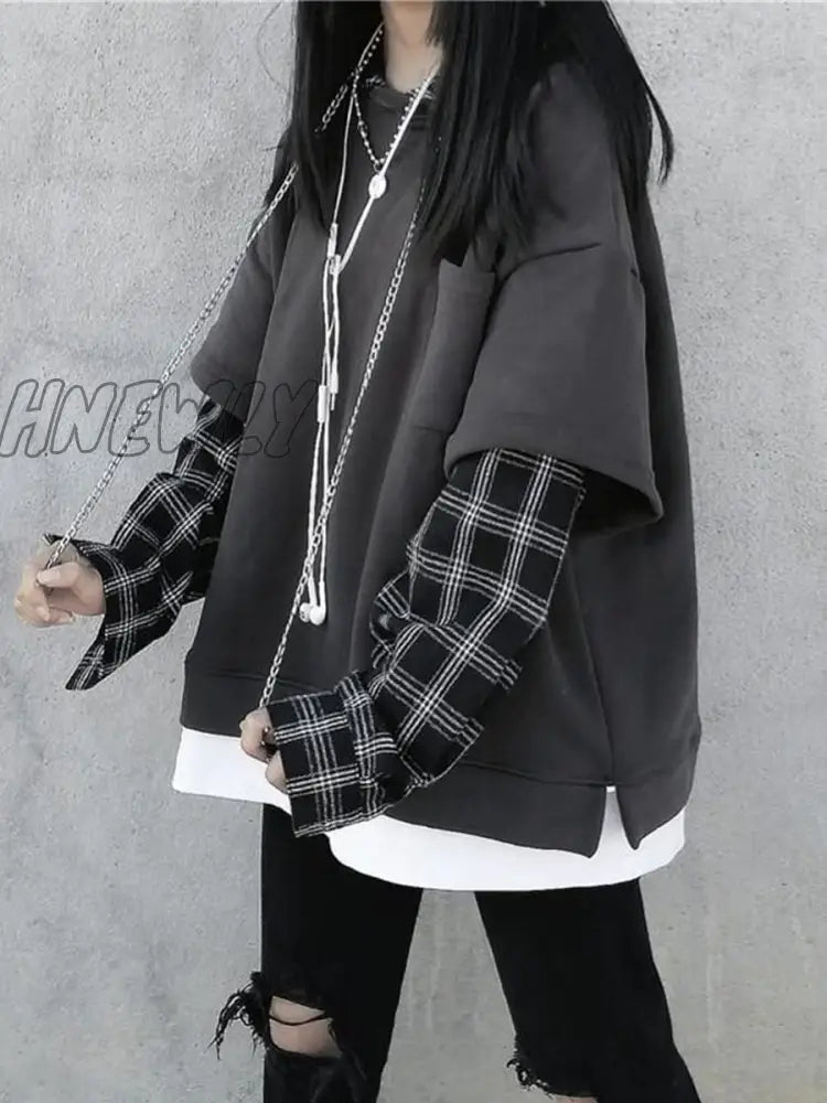 Hnewly Black Hip Hop Hoodie Women Harajuku Plaid Sweatshirts Japan Kawaii Femme Casual Pullover