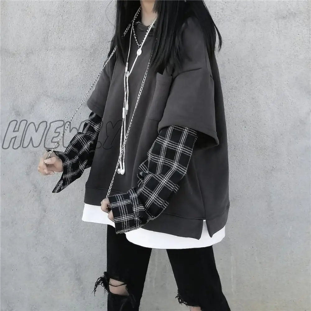 Hnewly Black Hip Hop Hoodie Women Harajuku Plaid Sweatshirts Japan Kawaii Femme Casual Pullover