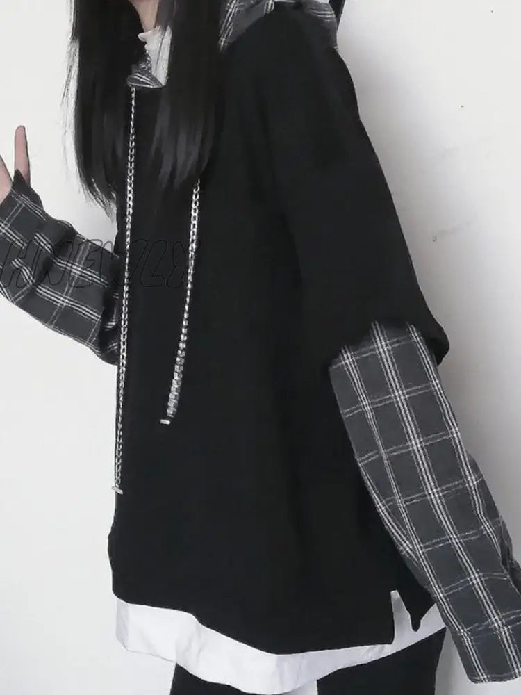 Hnewly Black Hip Hop Hoodie Women Harajuku Plaid Sweatshirts Japan Kawaii Femme Casual Pullover