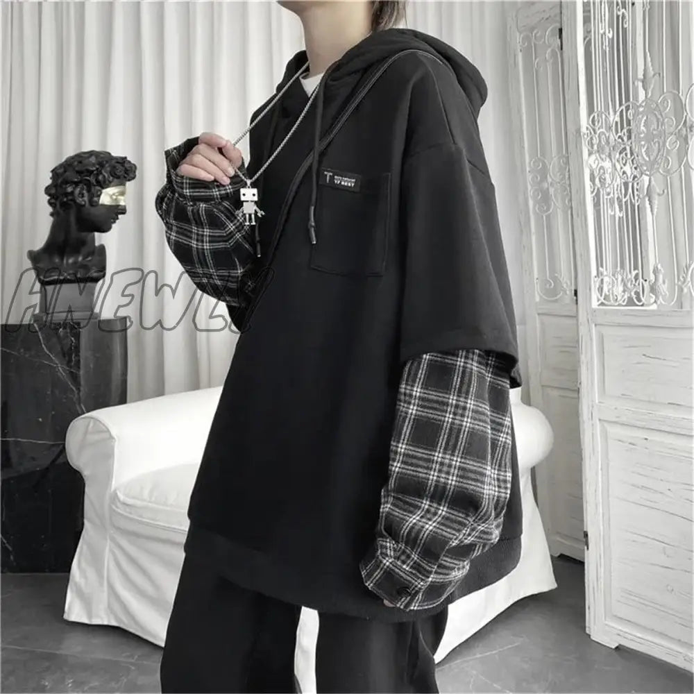 Hnewly Black Hip Hop Hoodie Women Harajuku Plaid Sweatshirts Japan Kawaii Femme Casual Pullover