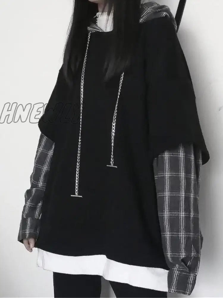 Hnewly Black Hip Hop Hoodie Women Harajuku Plaid Sweatshirts Japan Kawaii Femme Casual Pullover