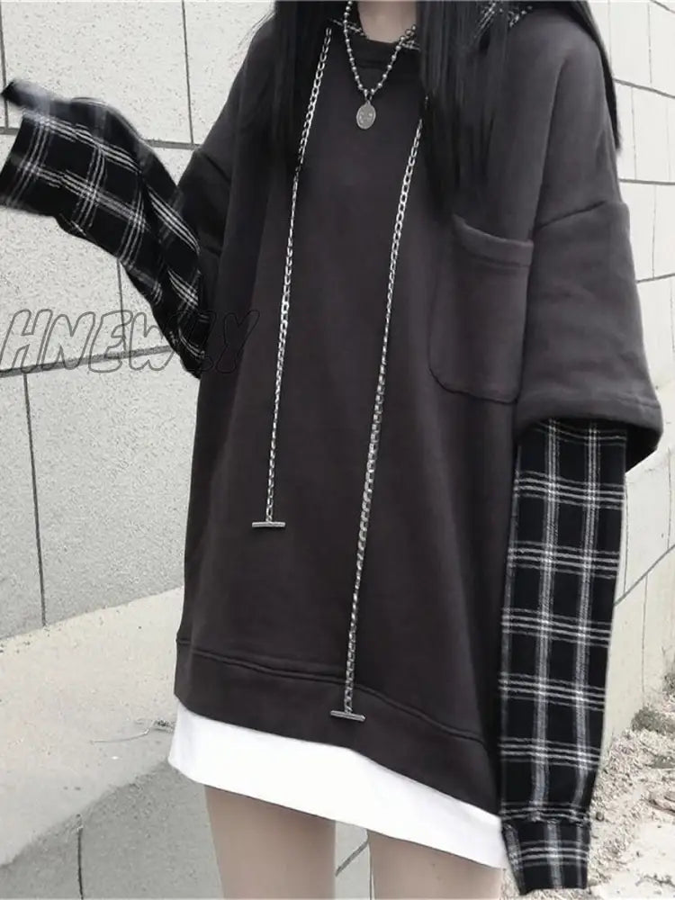 Hnewly Black Hip Hop Hoodie Women Harajuku Plaid Sweatshirts Japan Kawaii Femme Casual Pullover