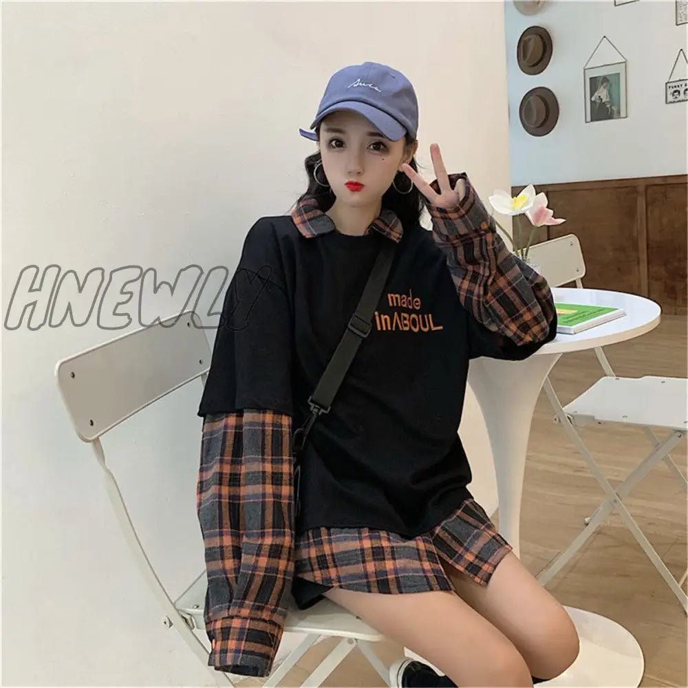 Hnewly Black Hip Hop Hoodie Women Harajuku Plaid Sweatshirts Japan Kawaii Femme Casual Pullover