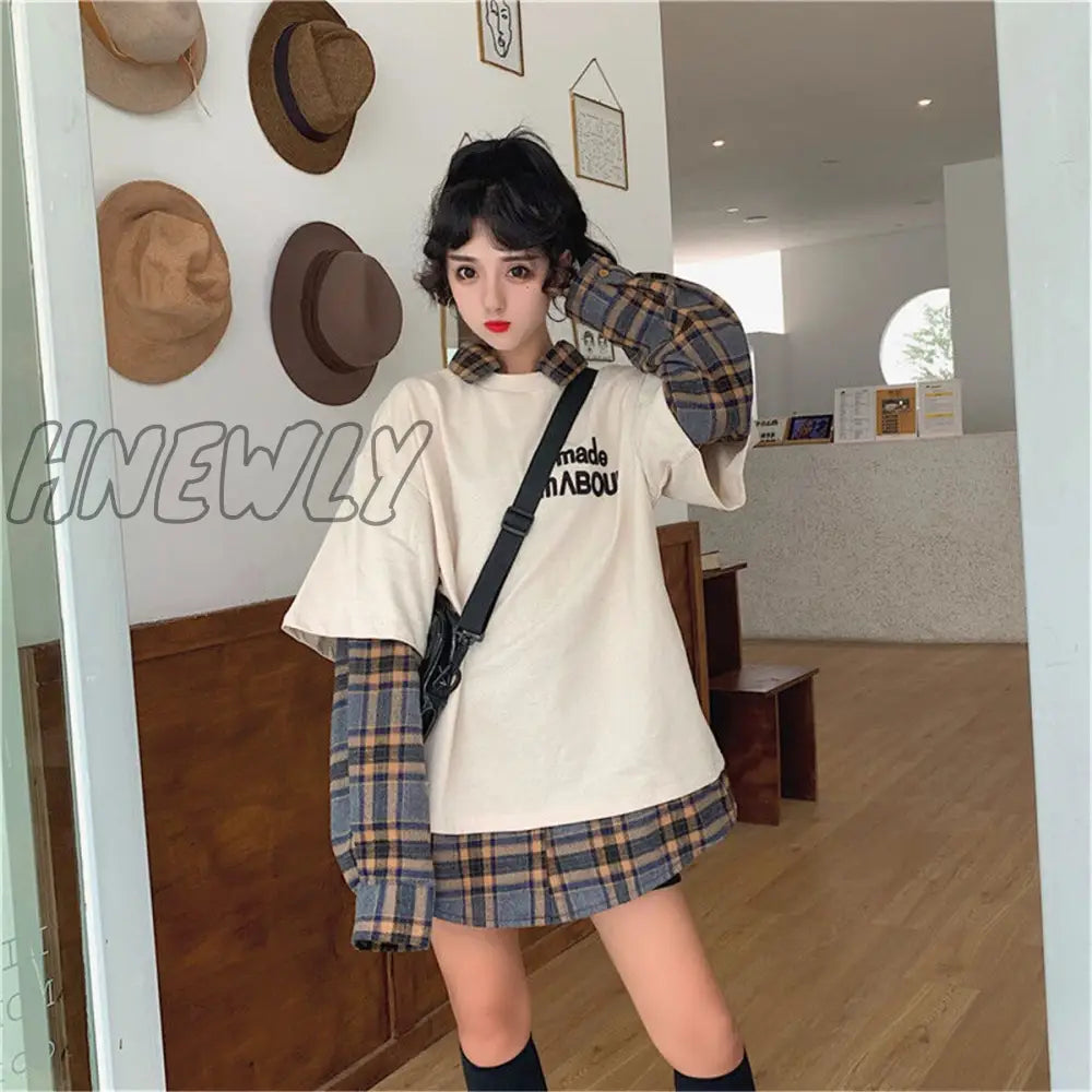 Hnewly Black Hip Hop Hoodie Women Harajuku Plaid Sweatshirts Japan Kawaii Femme Casual Pullover