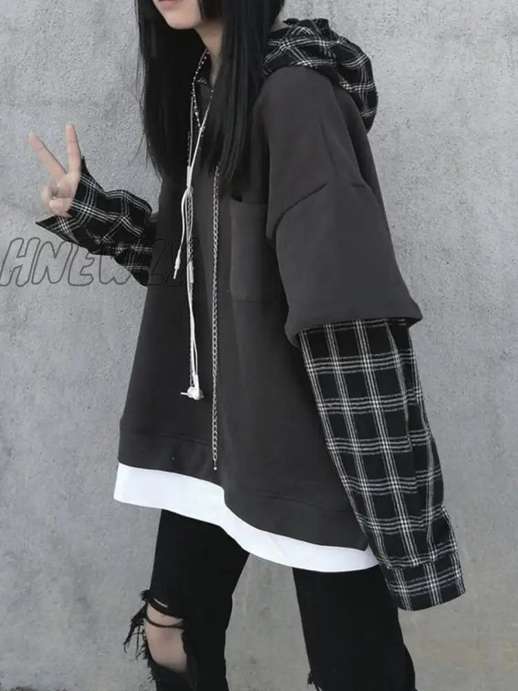 Hnewly Black Hip Hop Hoodie Women Harajuku Plaid Sweatshirts Japan Kawaii Femme Casual Pullover