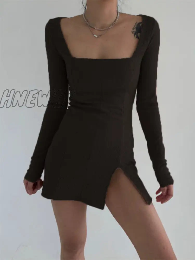 Hnewly Black Knitted Ribbed Midi Dresses For Women V Neck Elegant Korean Clothes Long Sleeve