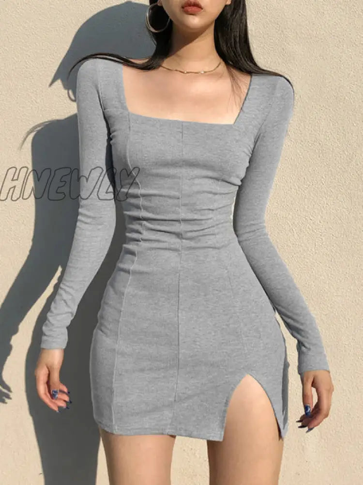 Hnewly Black Knitted Ribbed Midi Dresses For Women V Neck Elegant Korean Clothes Long Sleeve