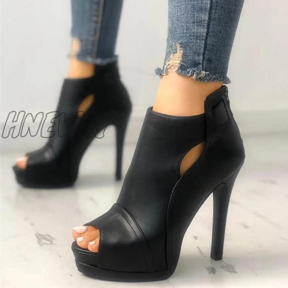 Hnewly Black Peep Toe Stilettos Platform High Heel Ankle Boots / 5