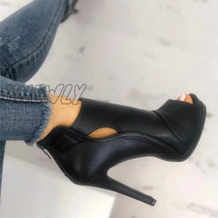 Hnewly Black Peep Toe Stilettos Platform High Heel Ankle Boots