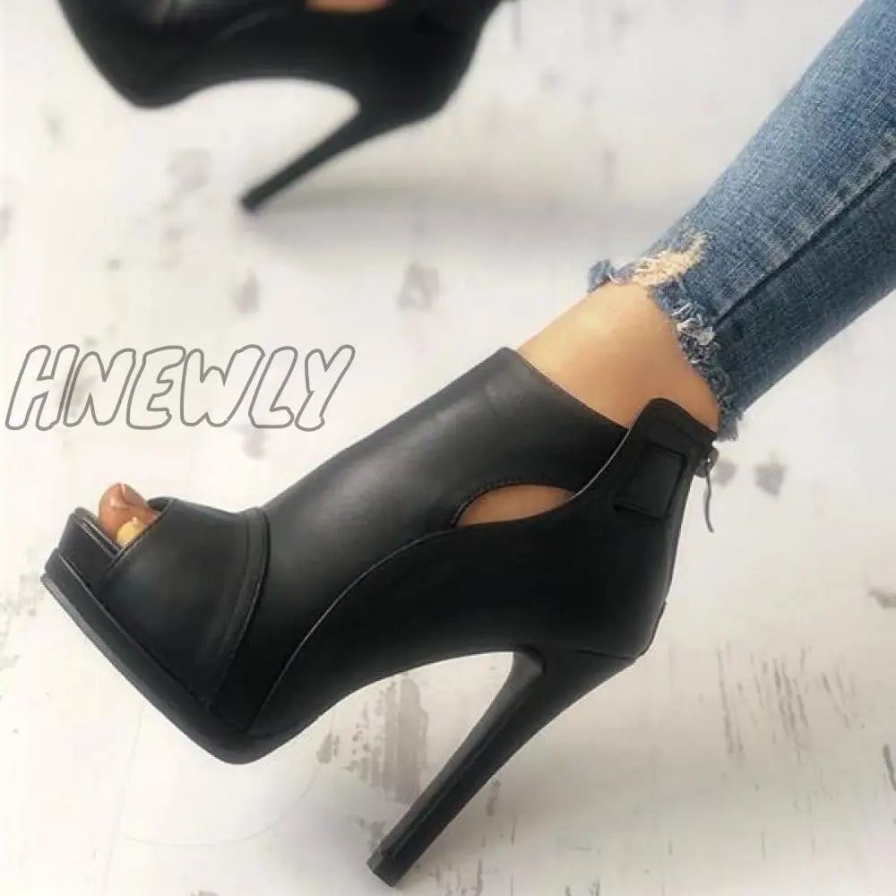 Hnewly Black Peep Toe Stilettos Platform High Heel Ankle Boots