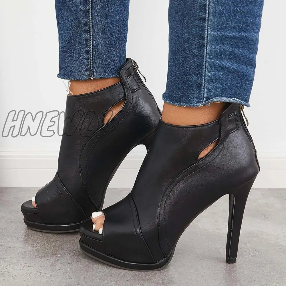 Hnewly Black Peep Toe Stilettos Platform High Heel Ankle Boots